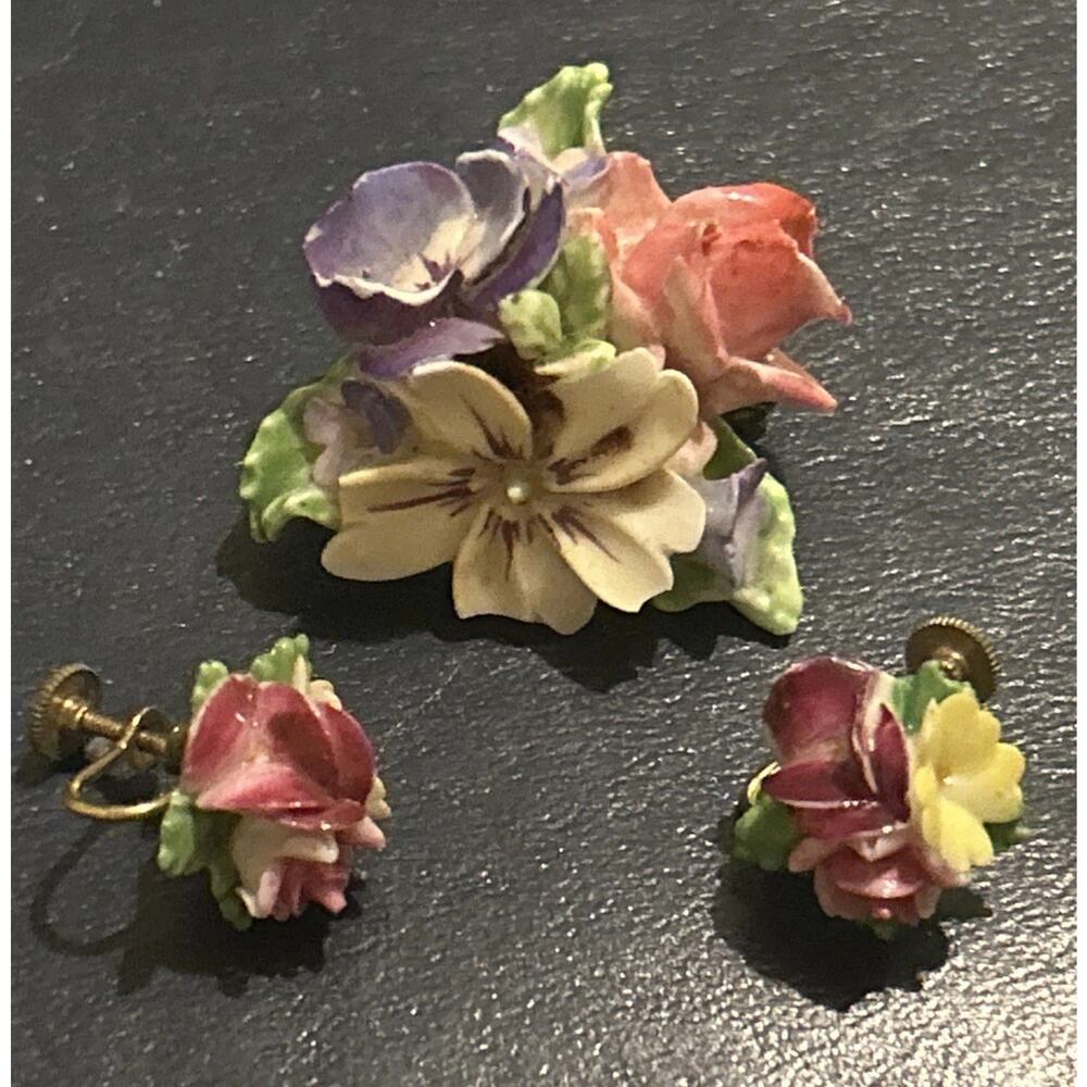 Adderley Floral bone china Screw Back Earrings And Brooch Porcelain Vintage READ